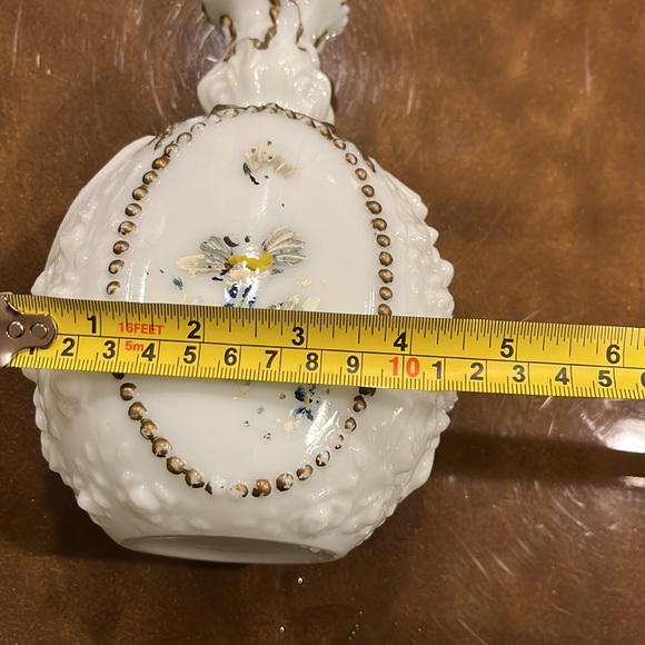 Antique 1890 to 1905 era Victorian milk glass, embossed painted decanter - Picture 11 of 13